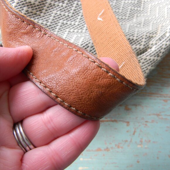 FOSSIL CREAM WOVEN CROSSBODY BAG BROWN LEATHER TRIM DOUBLE ZIP - Picture 7 of 10